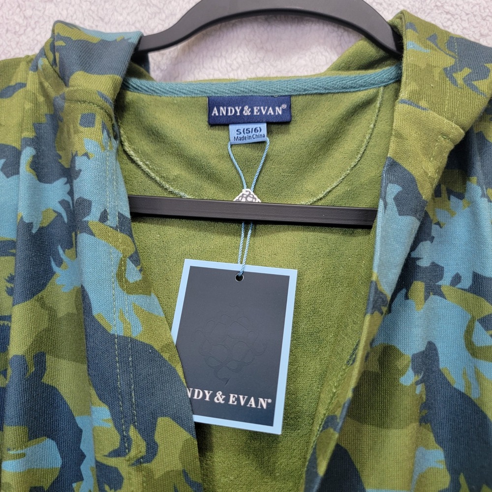 NEW Andy & Evan Boys Green Dinosaur Print‎ Hooded Fleece Bath Robe Size S 5/6 - Picture 2 of 8
